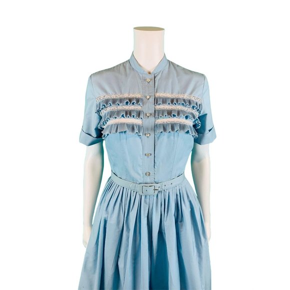 Vintage 1960s Shirtdress Light Blue Ruffle Full Skirt Dress | W 24" - Picture 3 of 10